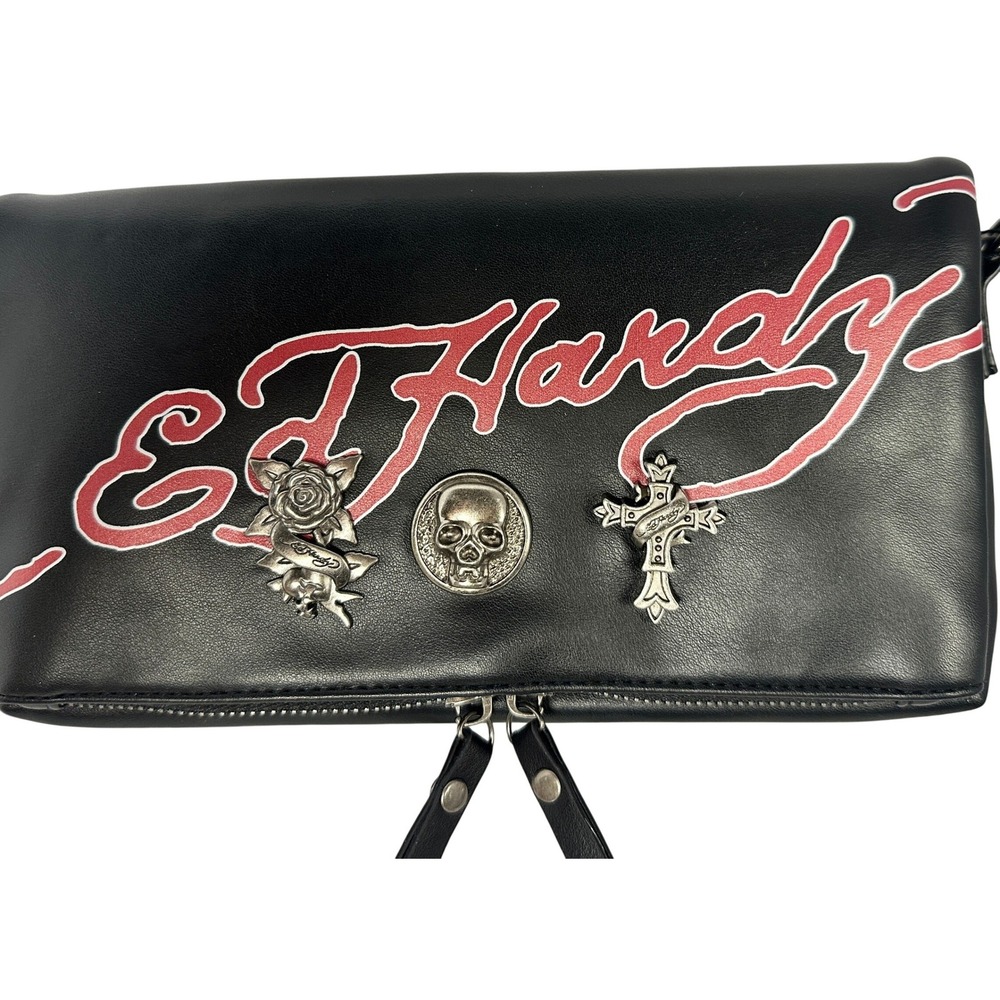 Ed Hardy Handbag Women‎ OS Black New Skull Rose Cross Charms Crossbody Bag